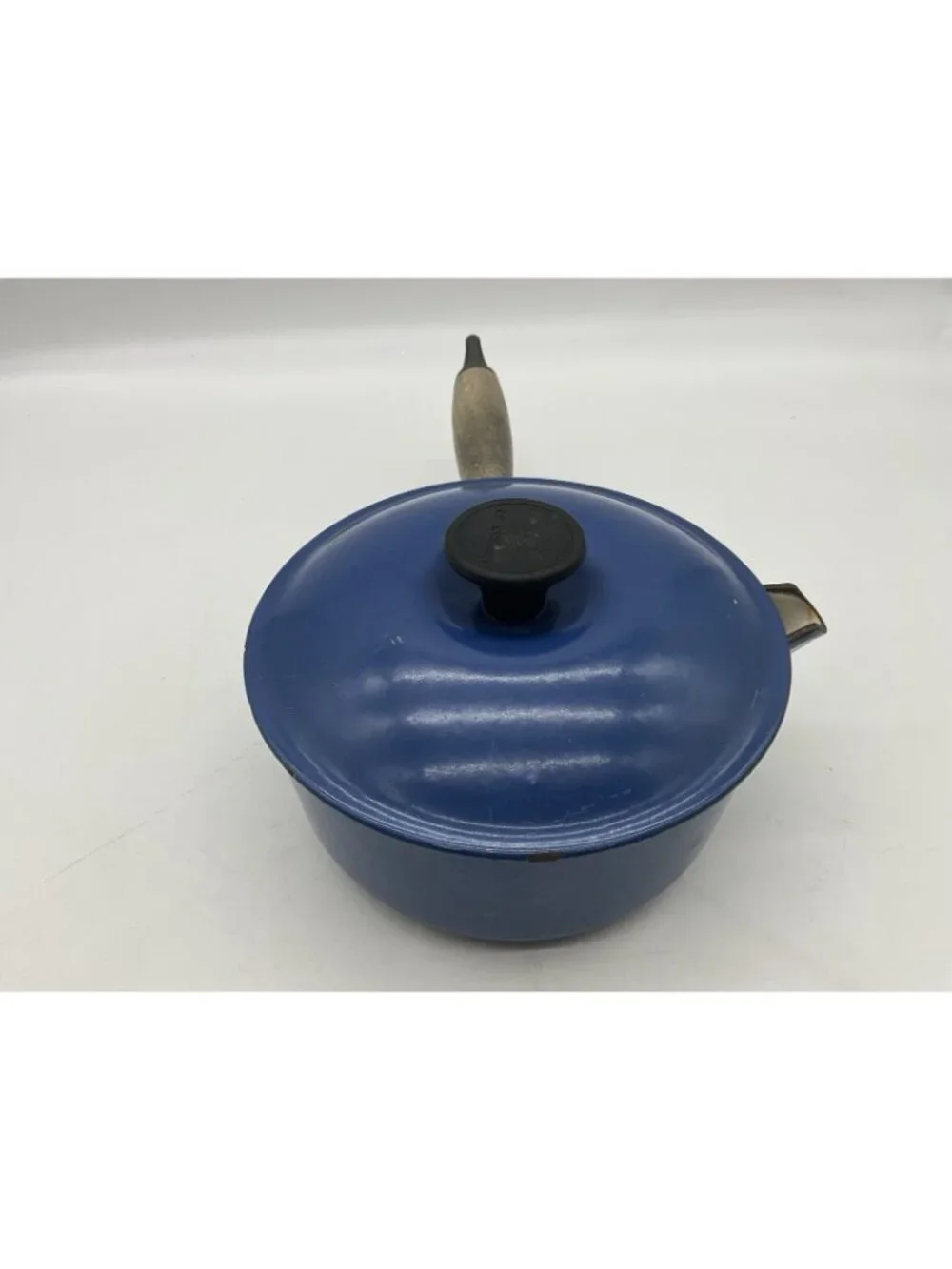 Le Creuset Vintage #18 Blue Enameled Cast Iron Saucepan w/ Wooden Handle & Lid